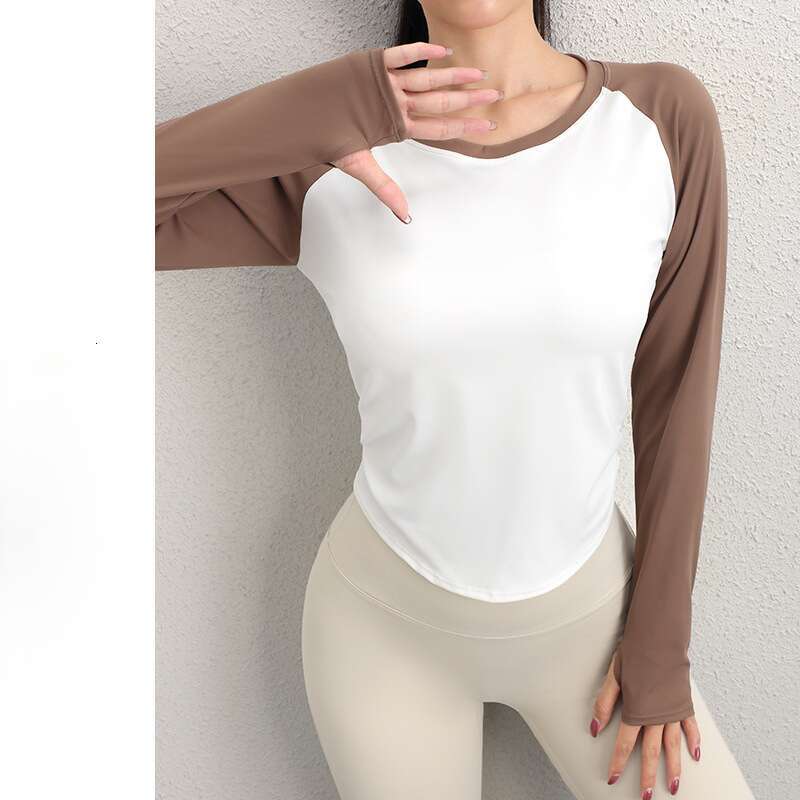 2024 yoga suit patchwork color blocking premium top, quick drying running tight fitting slimming sports top long sleeved