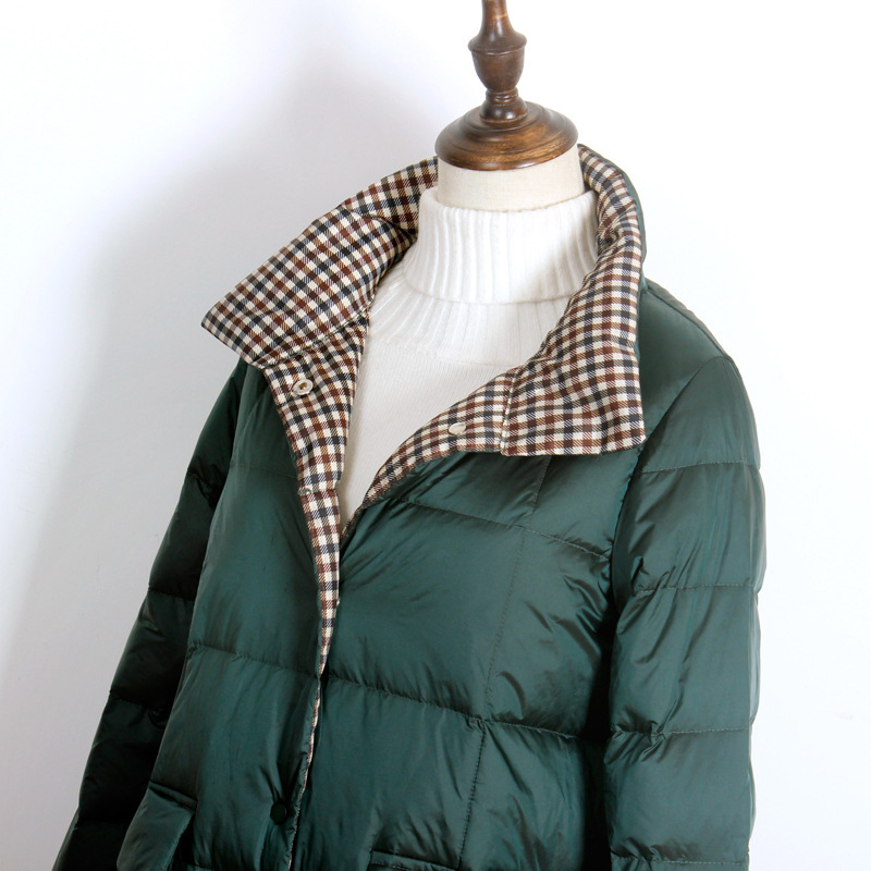Down jacket, female trend designer, autumn and winter new styles, fashionable personality, large pocket, mid length, over the knee, Thousand Bird grid