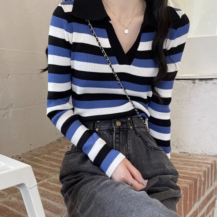 Winter Internet celebrity new stripe lapel long sleeve T-shirt knitted sweater designer women's fashionable chic top
