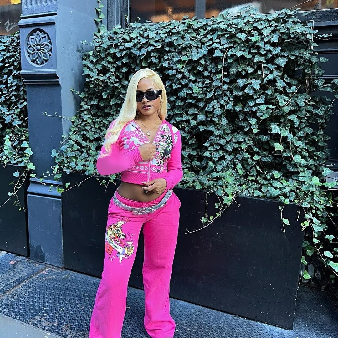 Trendy Street Printed Basic Zipper Short Cardigan High Waist Straight Leg Pants Two Piece Set clothing ladies