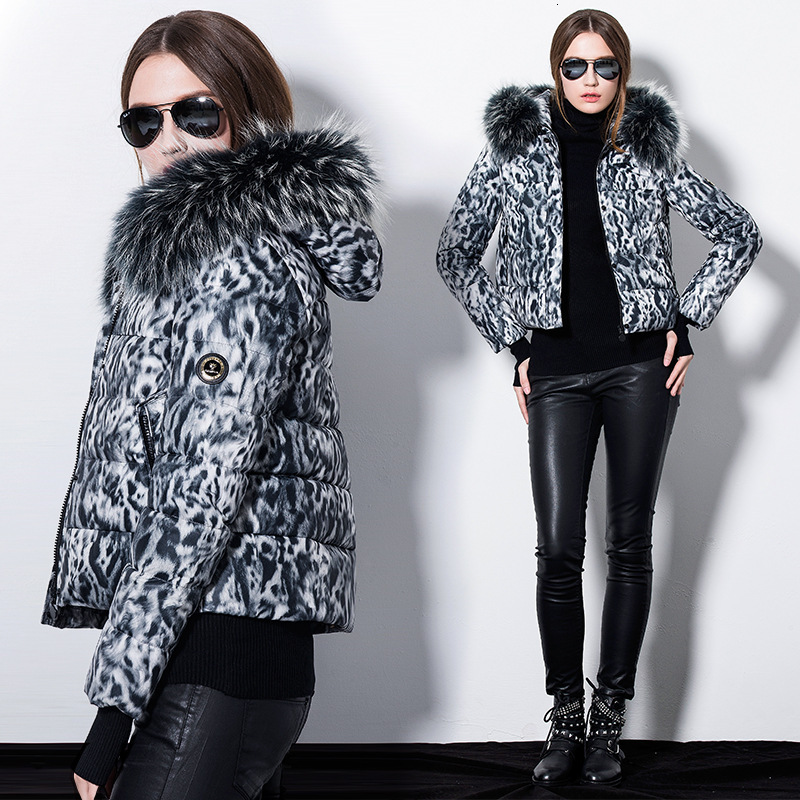 Designer leopard print for women, slim thick, warm and fur collar, hooded white duck down jacket