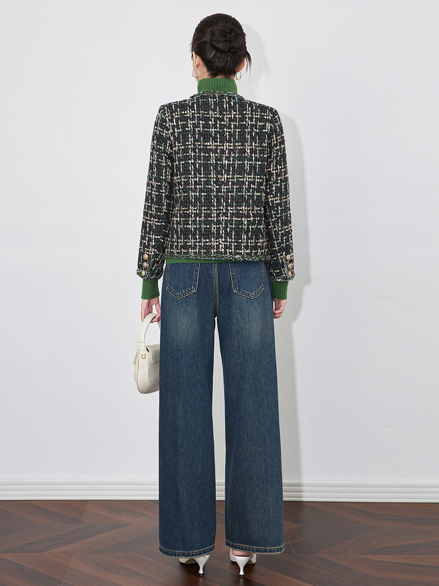 ZJYT Elegant Ladies Plaid Tweed Woolen Jacket For Women Ropa De Mujer 2024 Winter Coat Single Breasted Outerwear Veste Femme