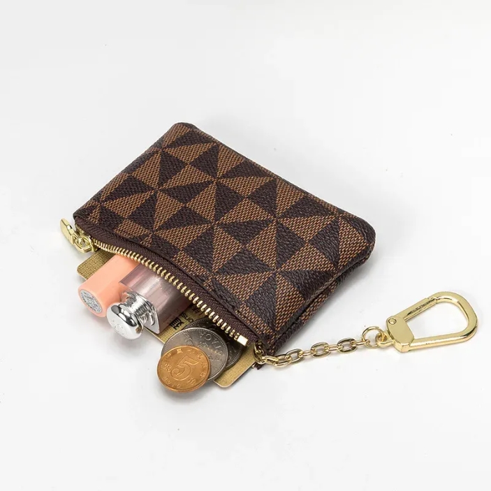 new bag Key Storage Bag with Chain Women Mini Coin Purse Luxury Designer Plaid Leather Small Zipper Wallet Ladies Keychain Trendy Y260206