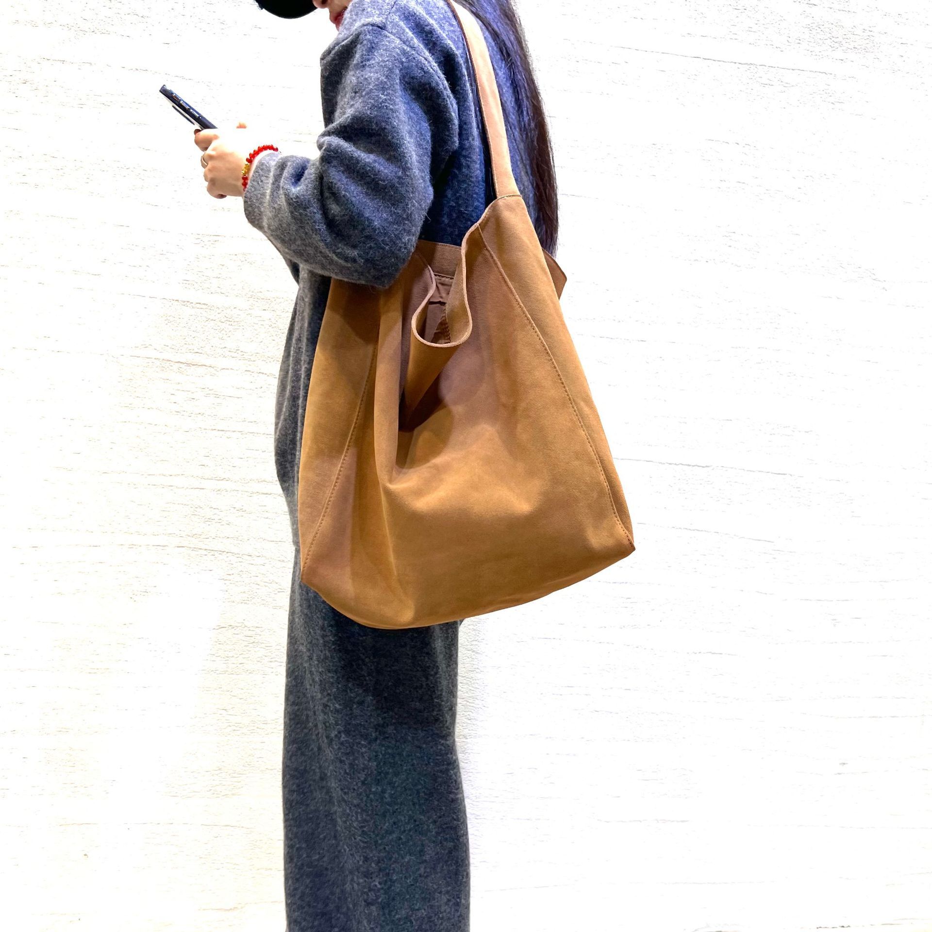 Genuine leather women's lazy suede tote reverse velvet cowhide shoulder bag, large capacity commuting bag