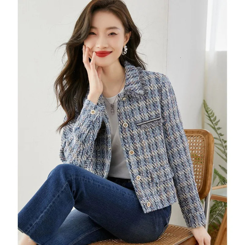 Vimly Plaid Tweed Cropped Jacket For Women 2024 Spring Patch Denim Design Elegant Fashion Lady Short Coat Female Outerwear Q101