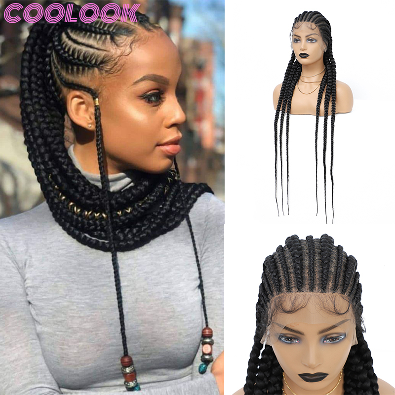360 Full Box For Black Women Cornrow Braided Synthetic Wig With Baby Hair 36 Inch Long Braid Lace Frontal Wigs