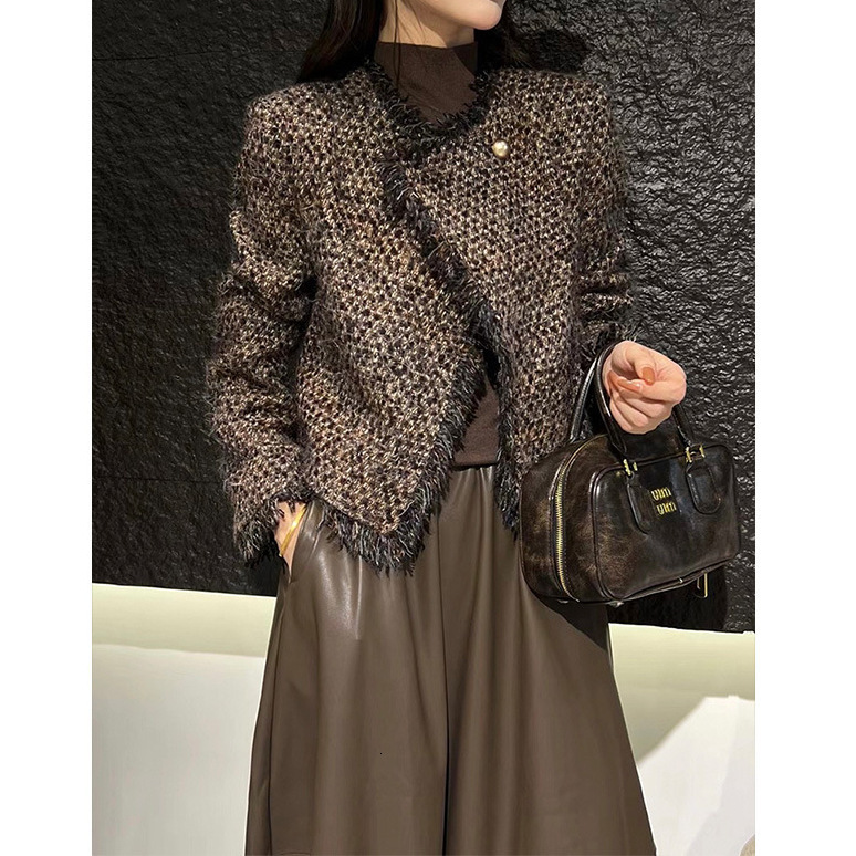 Wool + Skirt, Burr Edge Suit, Spring Women's Tweed Short PU Skirt Set Coat Women Winter Jacket