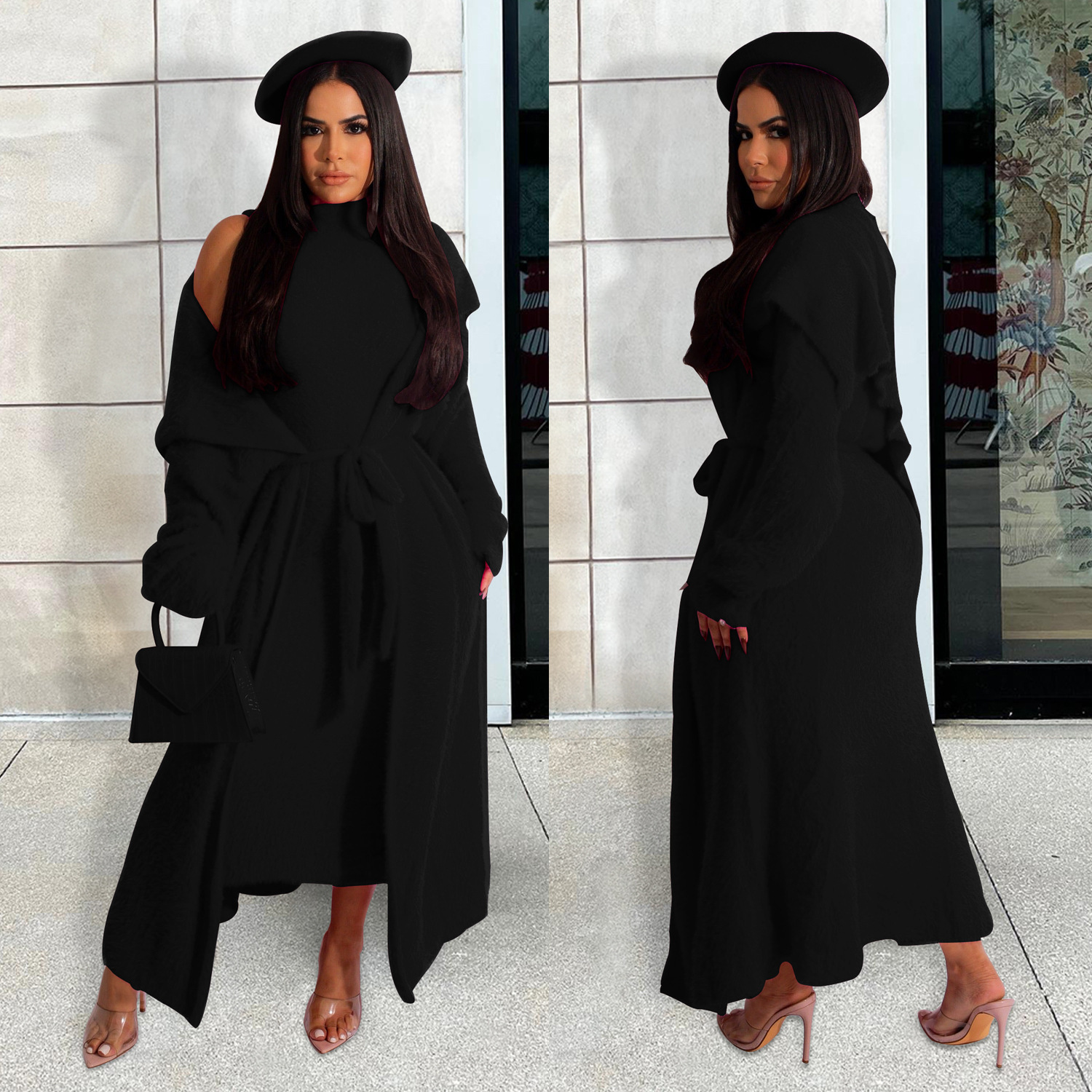 Autumn/Winter Dress Jacket Two-Piece Loose Waistband Long Cardigan Velvet Set clothing ladies