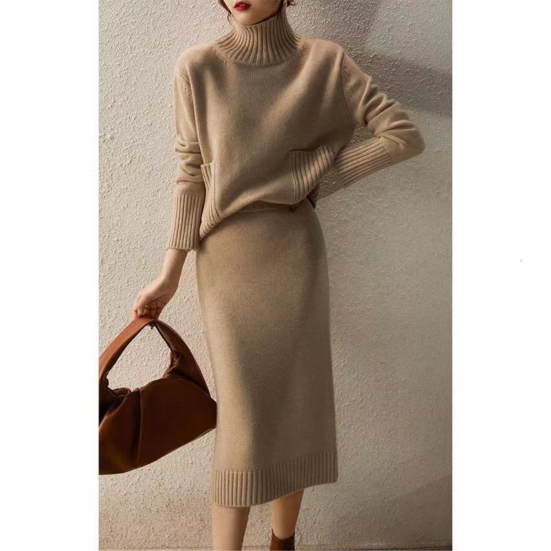 Autumn Knitted Suit With Two Skirt Set Women Winter Sweater Sets Korean Style Fall 2 Piece Outfit Sweater 2024