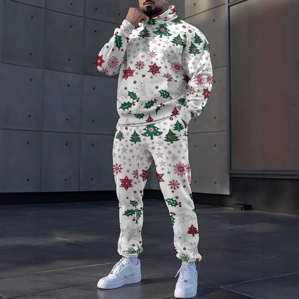 2024 European American new Christmas 3D printed casual loose fitting hooded men's hoodie and sweatpants set