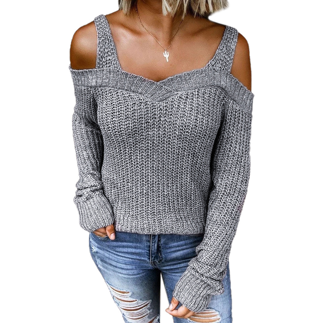 New women's sexy lace up off shoulder knit solid color casual designer long sleeved sweater