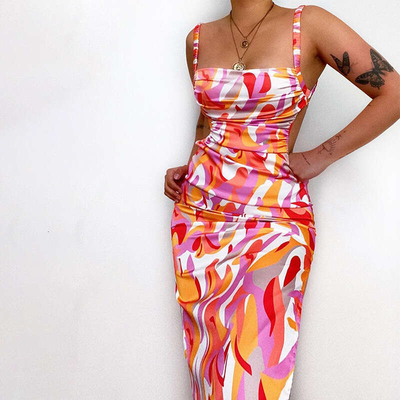 Wind Women's 2024 Summer New Fashion Print Backless Tie Slim Hanging Dress