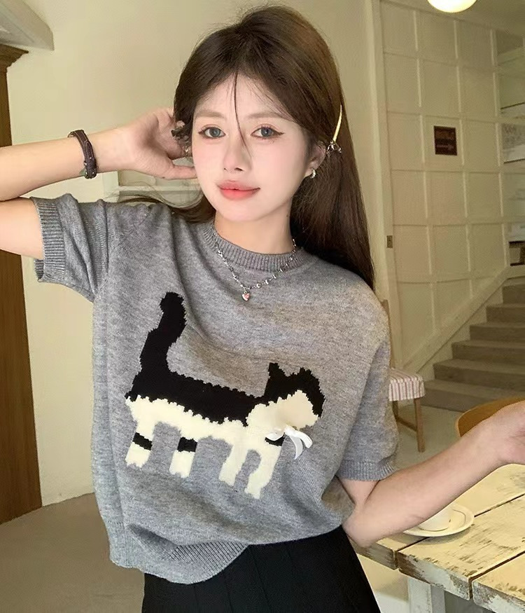 Winter new grey jacquard women's T-shirt loose round neck knitted shirt designer short sleeved top Ins