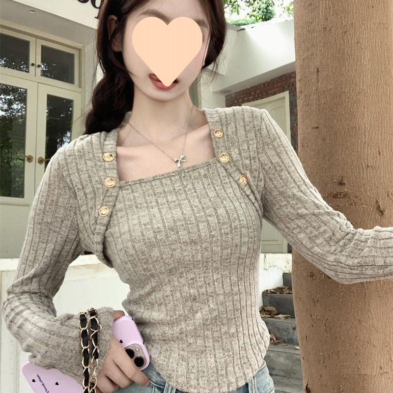 Winter new French square collar long sleeved women's knitted sweater high-end slim fit short fashion top designer sweater