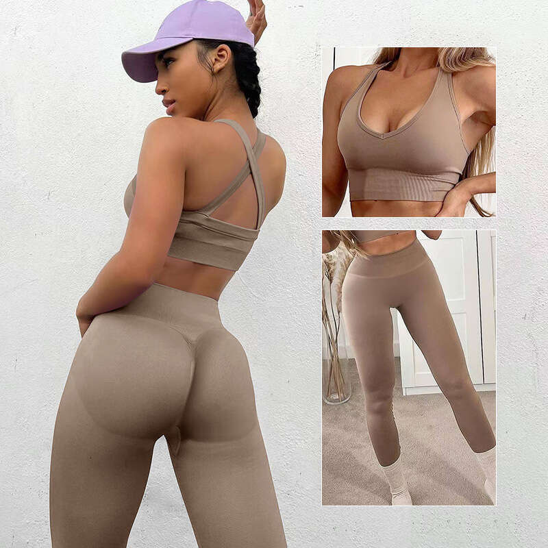 European American new seamless knitted suit for women's sports fiess, high waist and hip lifting yoga pants set