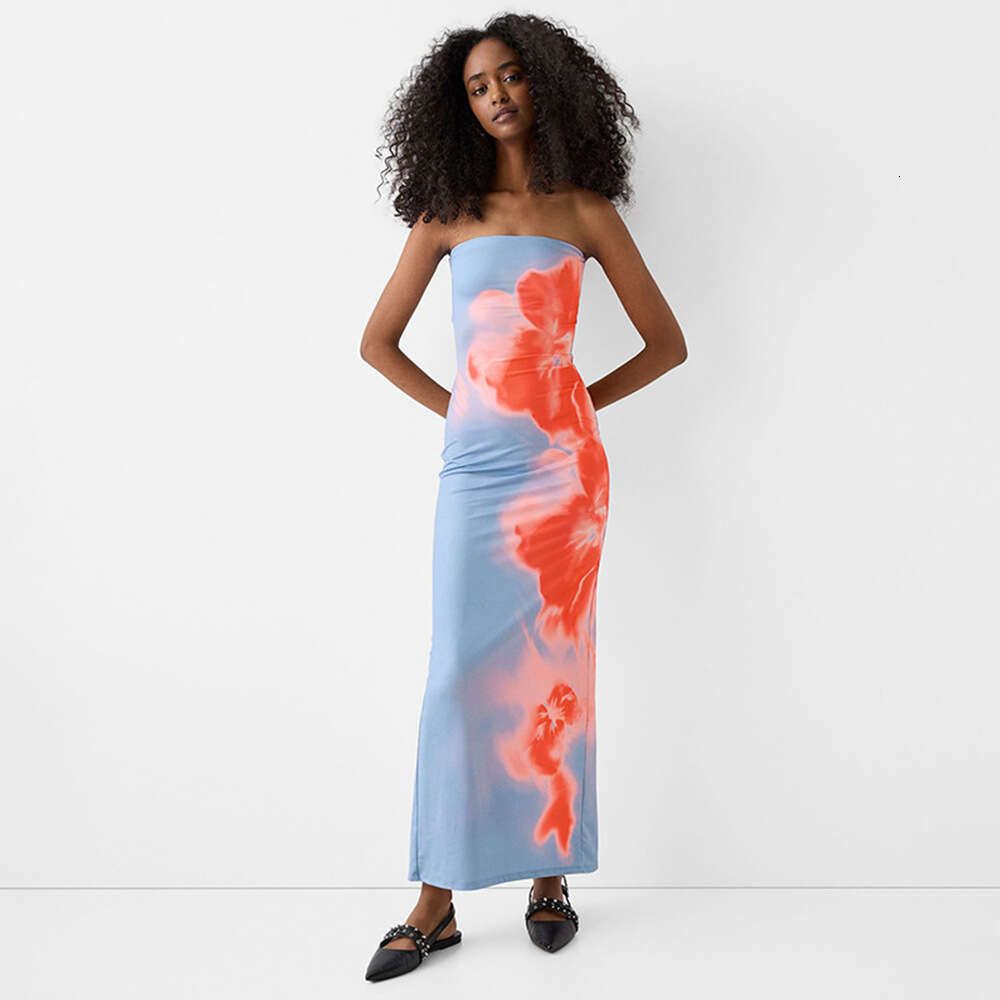New sexy strapless printed bag hip slit dress for trendy women's clothing, children's seaside