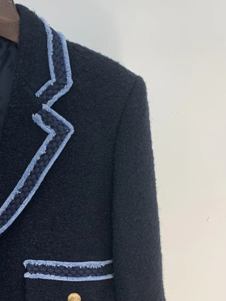 Fashionable Elegant Autumn And Winter Contrast Color Collar Dark Blue Tweed Suit Jacket