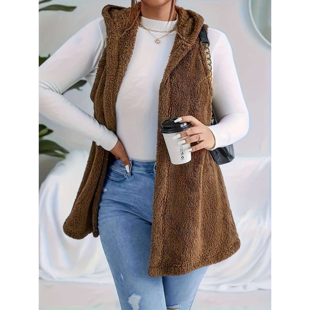 Plus solid color plush open top vest elegant warm hooded sleeveless jacket, suitable for autumn and winter, women's plus size clothing