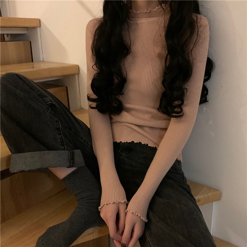 Autumn and Winter New Lace Sweater Half High Collar Knitted Top Slimming Black Bottom Shirt Mushroom Edge Designer Women's Interior