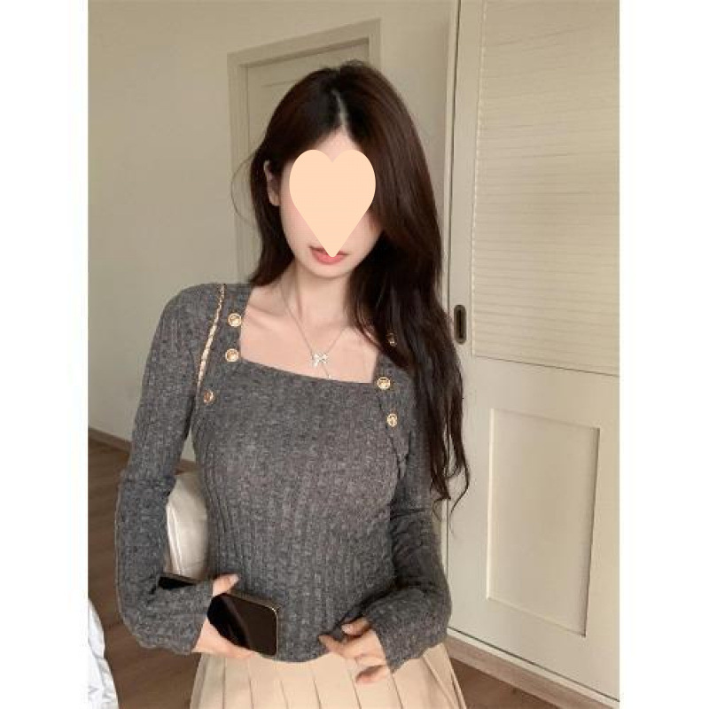 Winter new French square collar long sleeved women's knitted sweater high-end slim fit short fashion top designer sweater