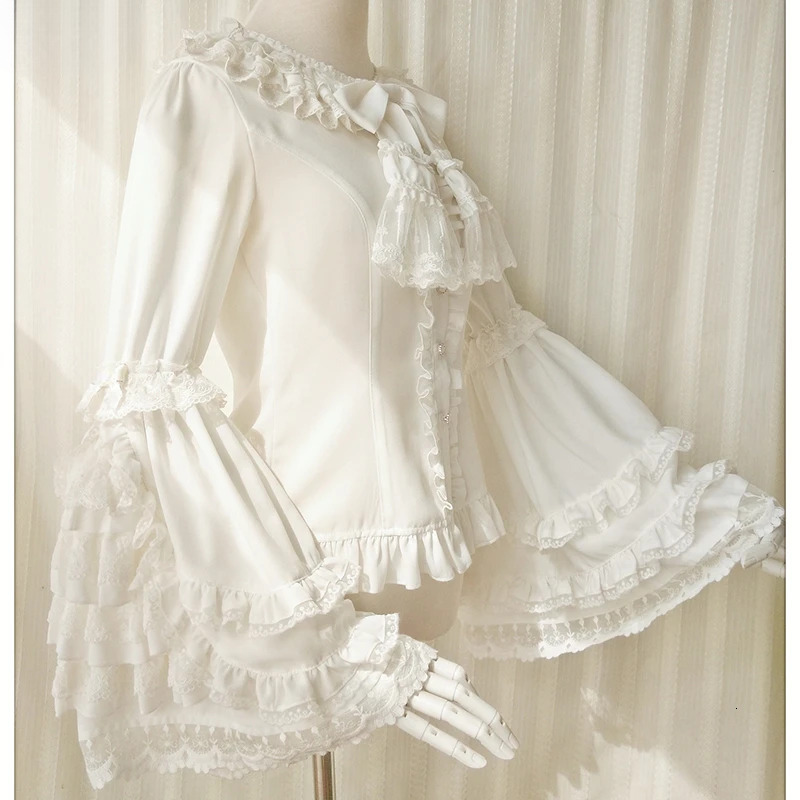 Japanese Victorian Lolita Shirts Women Vintage Sweet Flare Long Sleeves Slim Tops Female Gothic Y2k Black White Blouses
