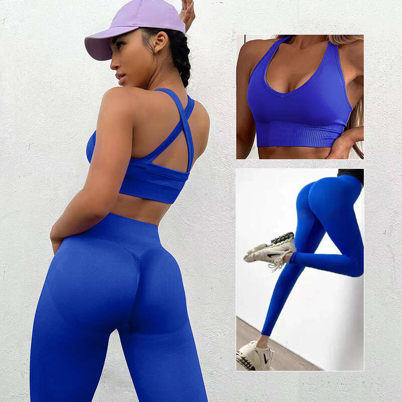 European American new seamless knitted suit for women's sports fiess, high waist and hip lifting yoga pants set
