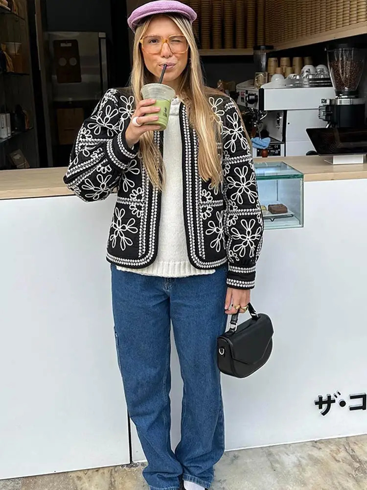 Vintage Print Round Neck Cropped Cotton Coat Elegant Full Lantern Sleeves Short Jackets Fall Winter Lady Chic Streetwear 241120