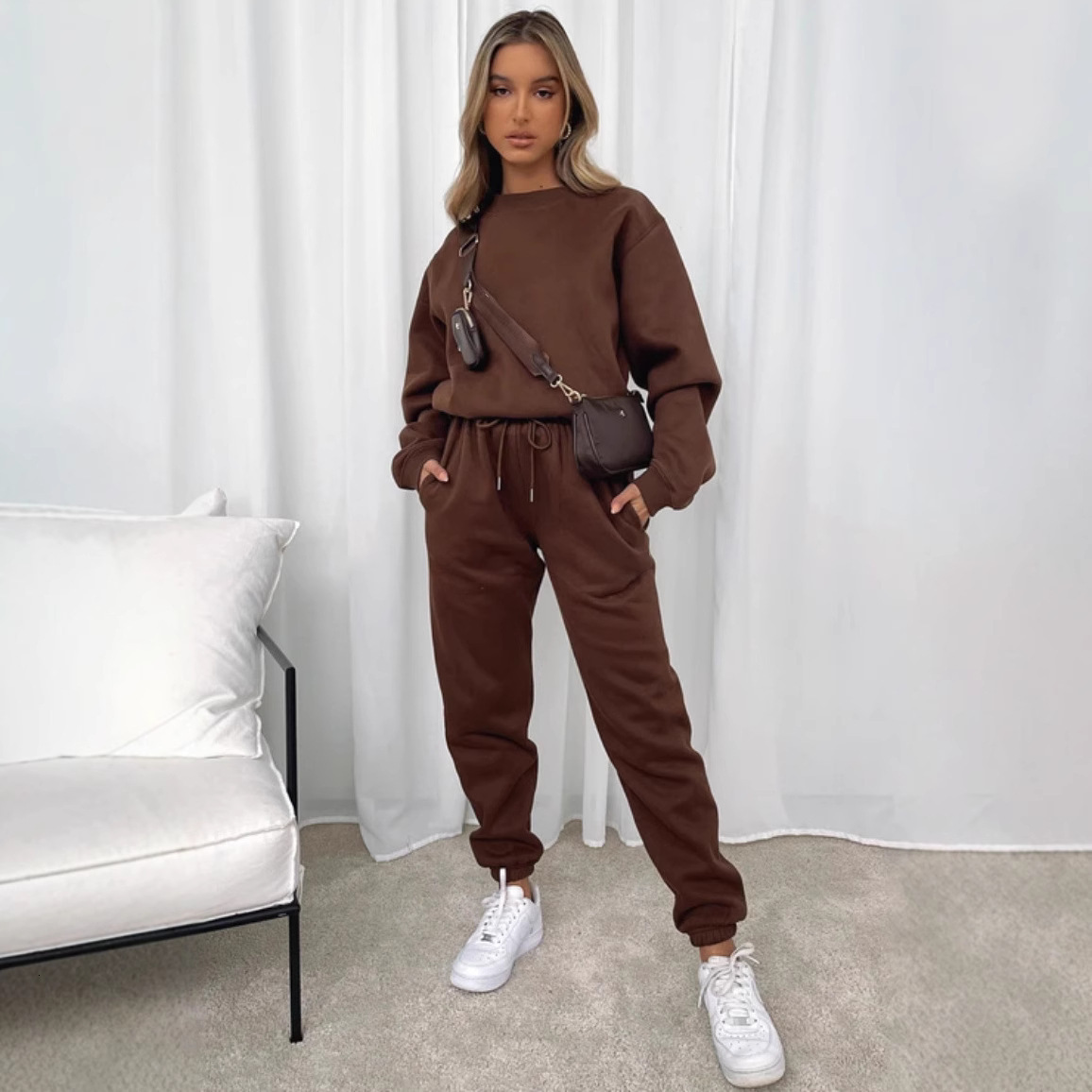 Autumn And Winter Solid Color Round Neck Pullover Pants Women's Fashion Casual Long Sleeve Sweater Set New Product
