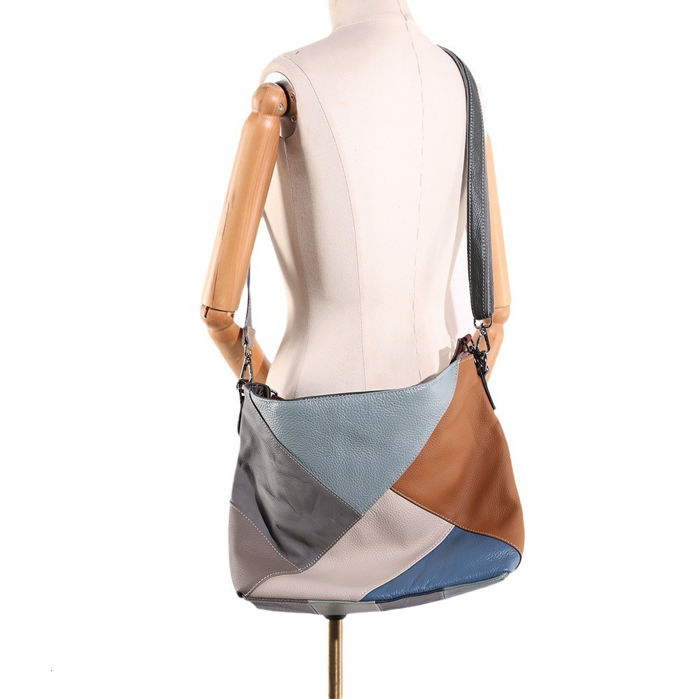 Handmade top layer cowhide contrasting shoulder crossbody with genuine leather splicing color large capacity women's bag