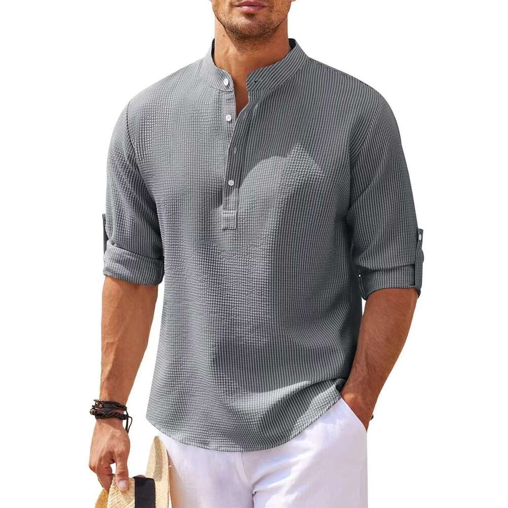 New European and American long sleeved stand up collar open top striped foam men's plus size shirt 2024 new casual fashion trend clothing