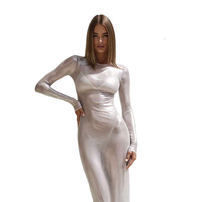 Wind 2024 Autumn/Winter New Women's Round Neck Long Sleeve Sexy Perspective High Waist Slimming Bag Hip Dress