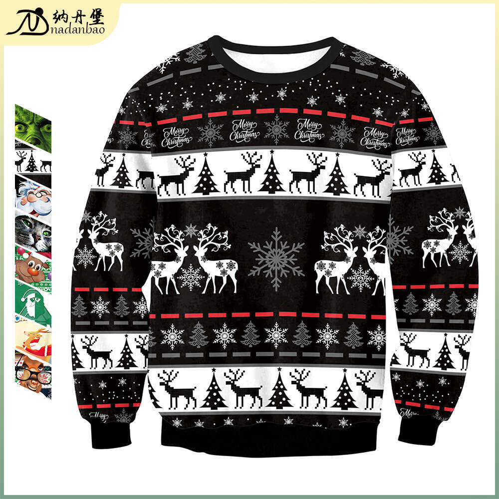 2024 new Christmas reindeer 3D digital print round neck casual men's and women's hoodie loose fit