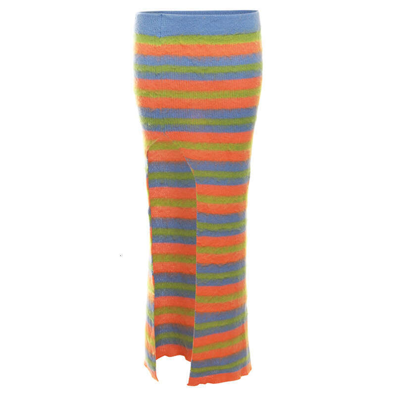 Feng 2023 Autumn Women's New Sexy Knitted Stripe Contrast High Waist Slimming Long Split Skirt