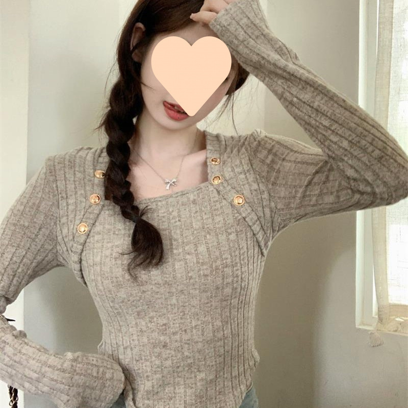 Winter new French square collar long sleeved women's knitted sweater high-end slim fit short fashion top designer sweater