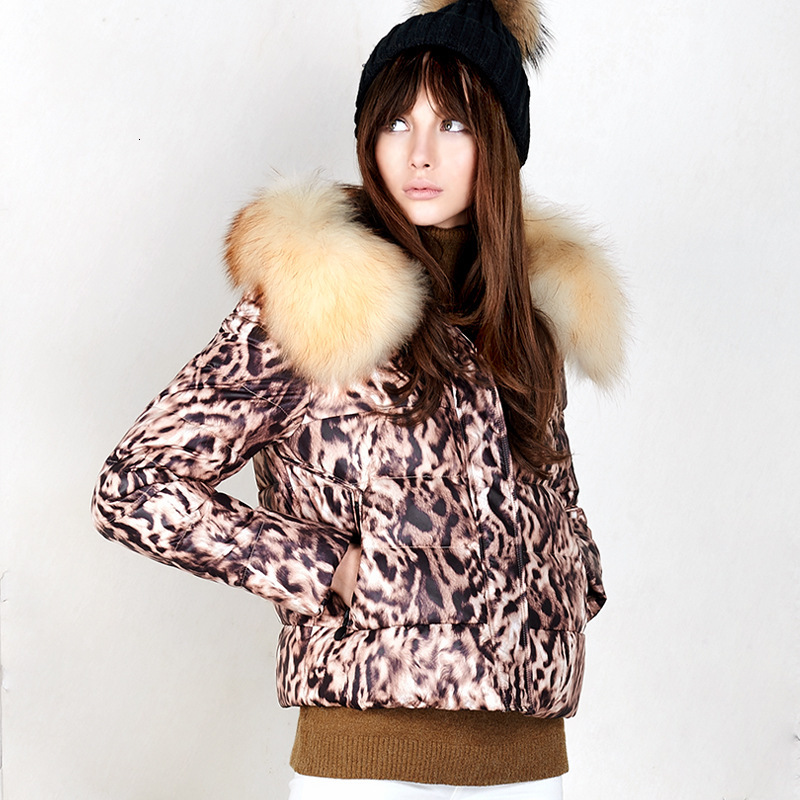 Designer leopard print for women, slim thick, warm and fur collar, hooded white duck down jacket