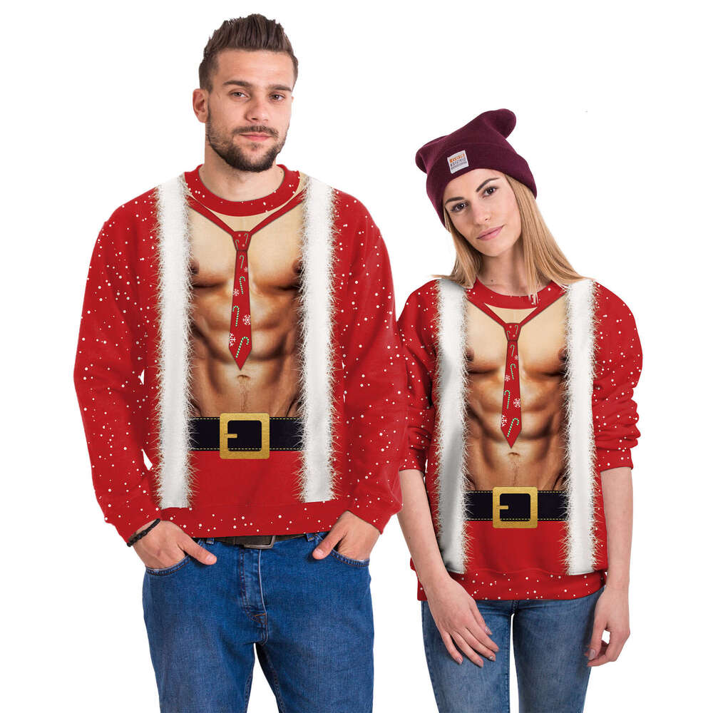 2024 autumn winter European and American Santa Claus 3D digital printing pullover Christmas funny couple round neck hoodie