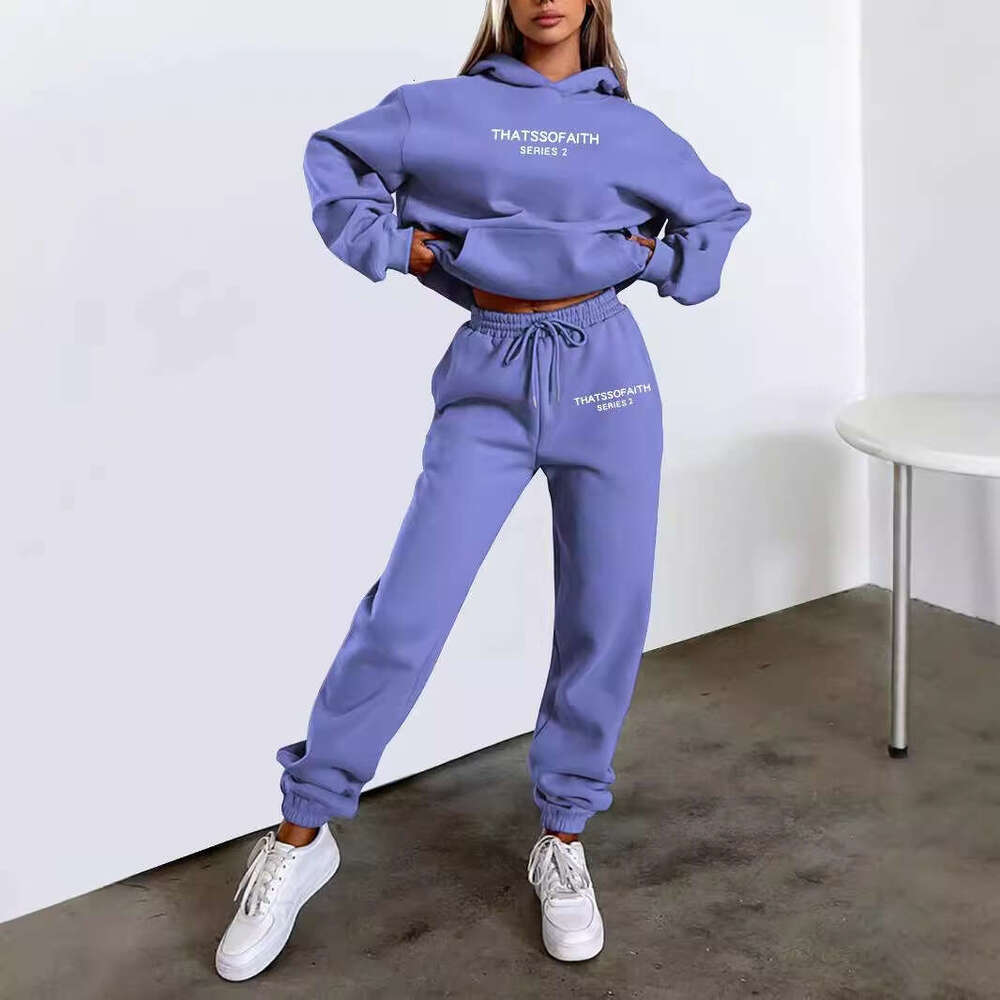 European and American women's letter printed hooded sweatshirt fashionable casual fleece pants set 2024 new style chic elegant clothing