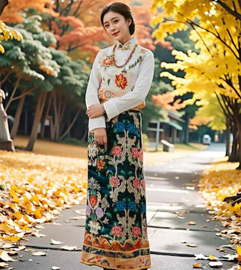 Tibetan Clothing for Women Autumn Blouse + Skirt Ethnic Style Tibetan Tops + One-Piece Wrapped Skirts Travel Photos Uniform