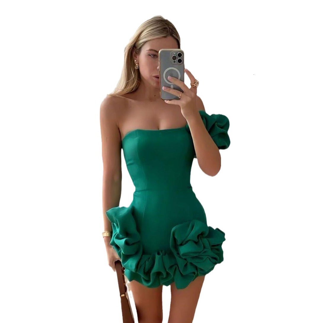 Summer New Women's Dress With Ruffles, Buds, Waist Dress, One Shoulder Bra, And Hip Wrap Skirt