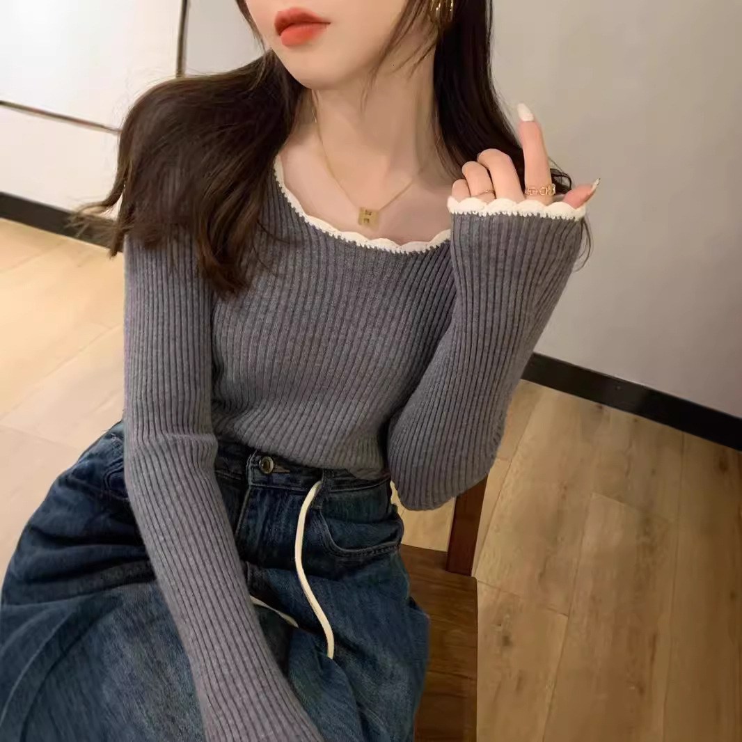 New round neck knitted sweater with high-end winter and early autumn feel, with inner long sleeves and designer's new base shirt