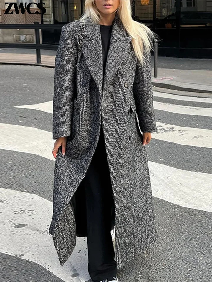 Street Ribbed Woolen Long Coat Women Elegant Double Breasted Lapel Full Sleeve Overcoat 2024 Autumn Winter Lady Chic Outwear 241121