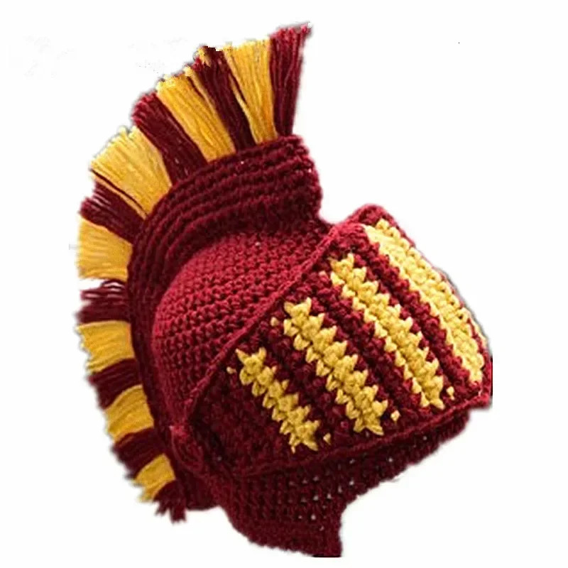 Men Women Funny y Knitted Roman Knight Helmet Hat Contrast Color Tassel Barbarian Crochet Earflap Beanie Skull Cap 241125