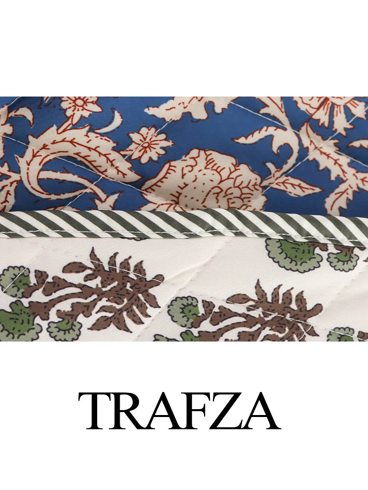 TRAFZA Vintage Womens Print Patchwork Cotton Jacket 2024 Quilted Long Sleeve Loose Short Warm Coat Autumn Winter Female Outwear 241120