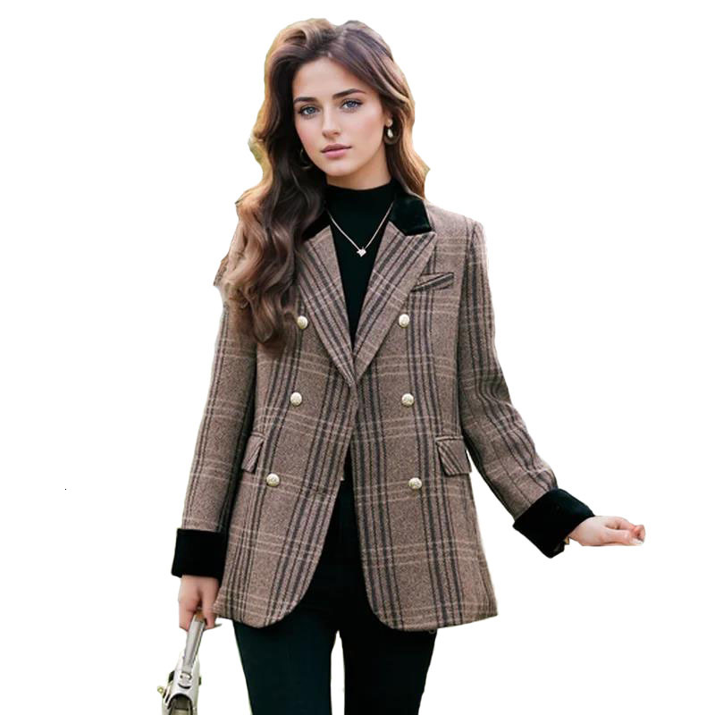 Autumn Winter New Blazer Coats Women's Woolen Jackets Long Sleeve Plaid Print Vintage Thick Outerwears Elegant Jaqueta Feminina