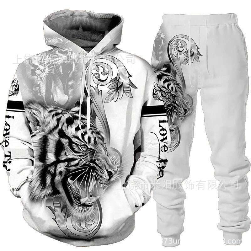 2024 new tiger 3D printed hooded casual loose hoodie set for spring autumn European and American men's hoodies