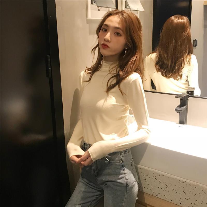 New women's long sleeved autumn and winter pullover with slim fit and tight fit, Korean knitted designer sweater top