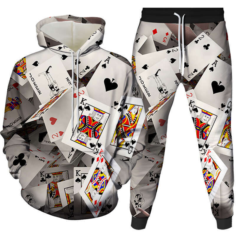 2024 Autumn/Winter Poker Series 3D Printed European American Trendy Men's Women's Hooded Hoodie and Pants Set