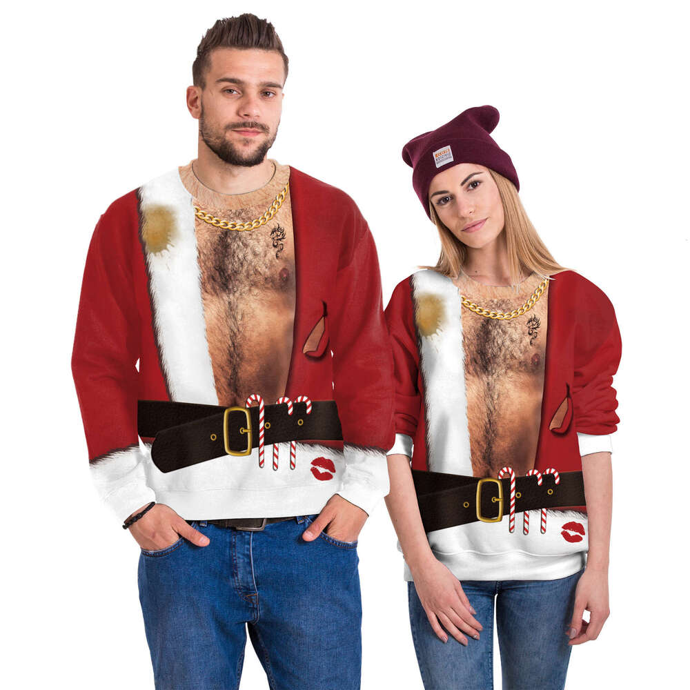 2024 autumn winter European and American Santa Claus 3D digital printing pullover Christmas funny couple round neck hoodie