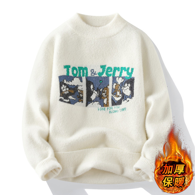 Winter New Thickened Warm Cartoon Couple Half High Collar Knitted Designer Sweater Men's Inner Tie Trendy Hoodie