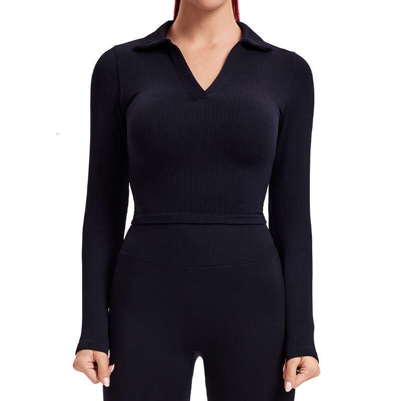 Sexy body shaping V-neck slimming polo shirt for women, slim fit sports yoga outfit, top with high elasticity and quick drying thread, long sleeves